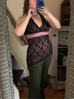 Vintage Y2K Brown Pink Lace Asymmetrical Halter Top Fitted Fairy Boho Festival